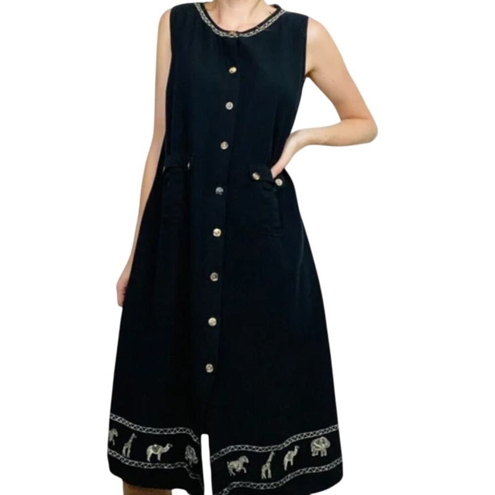 Vintage 90s Lemon Grass Black Midi Linen Blend Animal Embroidery Sleeveless M